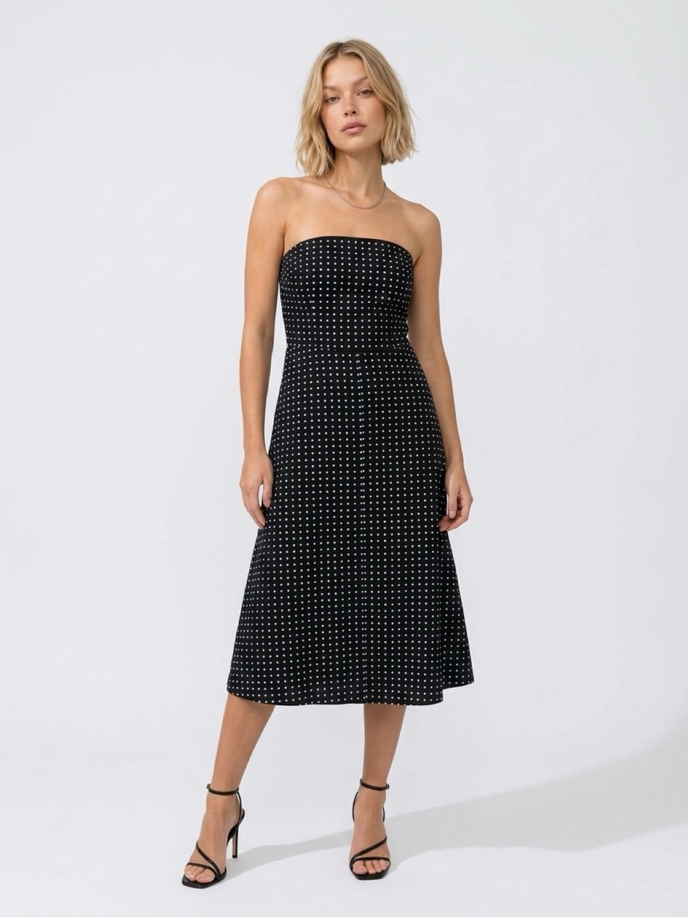 Strapless Black Polka Dot Midi Dress